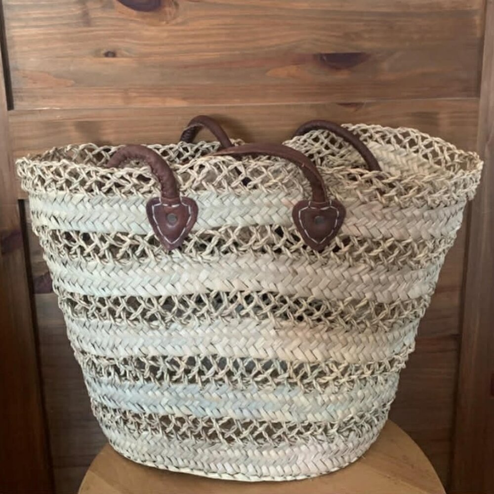 New Handwoven beach basket with genuine leather handles + 1 FREE ITEM